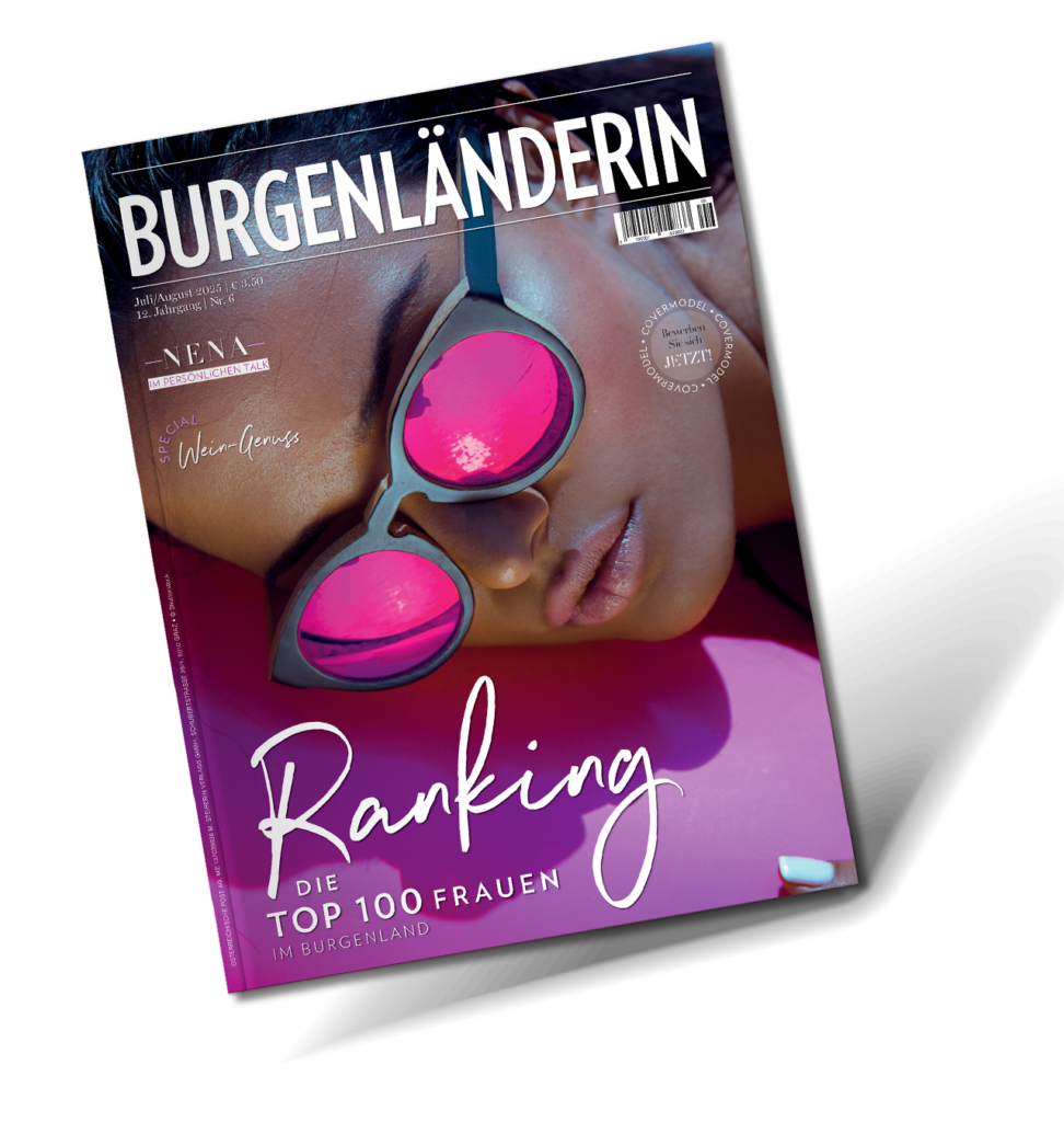 Magazincover der BURGENLÄNDERIN – Closeup einer dunkelhäutigen Dame mit einer Sonnenbrille mit pinken Gläsern ohne Hintergrund