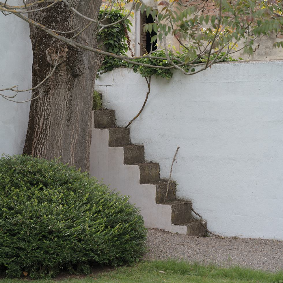 Steintreppe an einer weißen Mauer mit Busch und Baum im Vordergrund