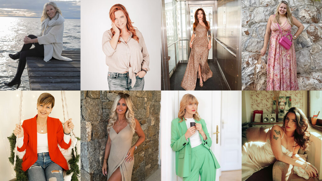 Covermodel-Voting: 8 Damen, Blond, Rothaarig, braune Haare posen und schauen in die Kamera