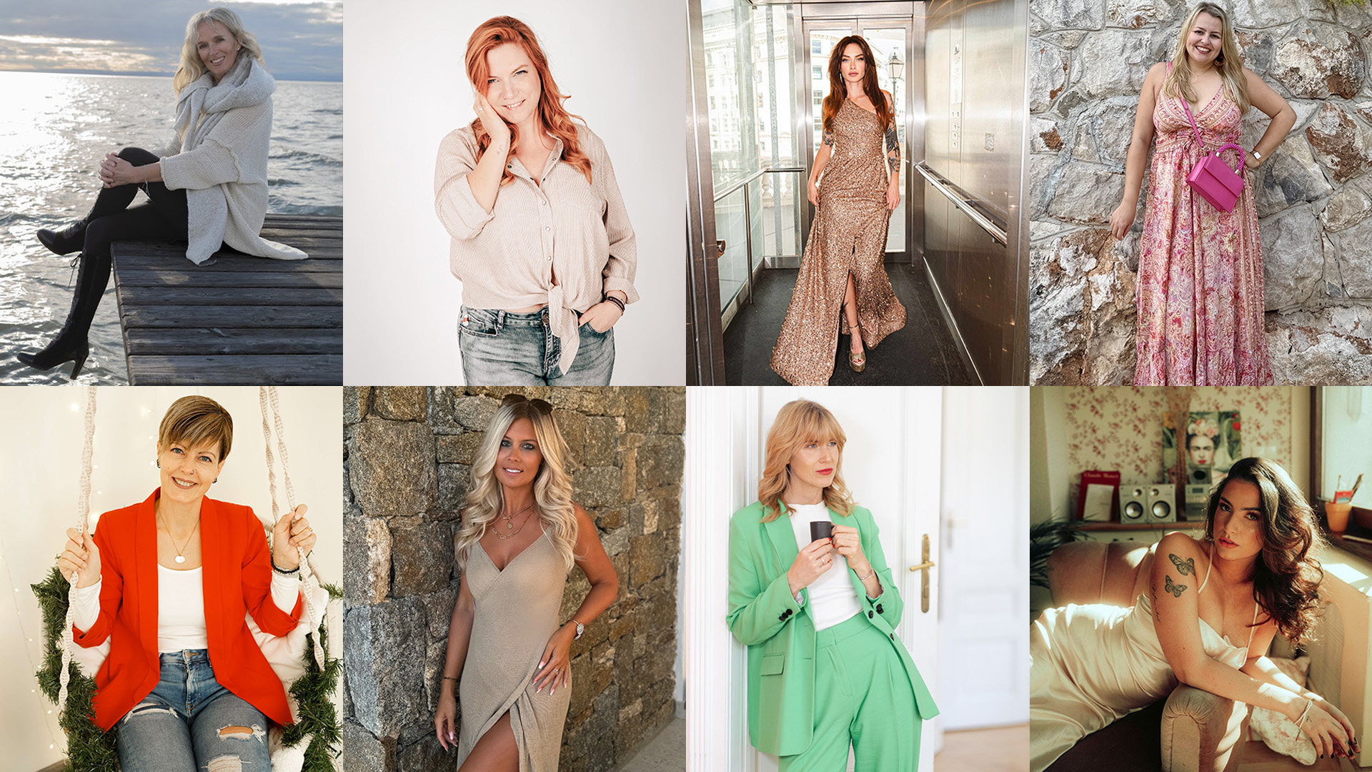Covermodel-Voting: 8 Damen, Blond, Rothaarig, braune Haare posen und schauen in die Kamera