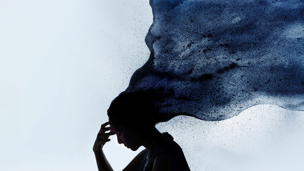 Depressive erschöpfte Frau, Silhouette mit Aquarell, Symbol für psychische Belastung und Depression