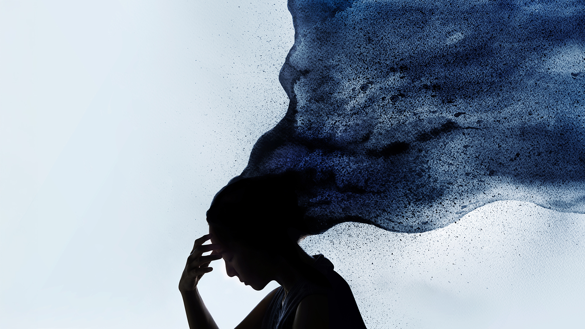 Depressive erschöpfte Frau, Silhouette mit Aquarell, Symbol für psychische Belastung und Depression