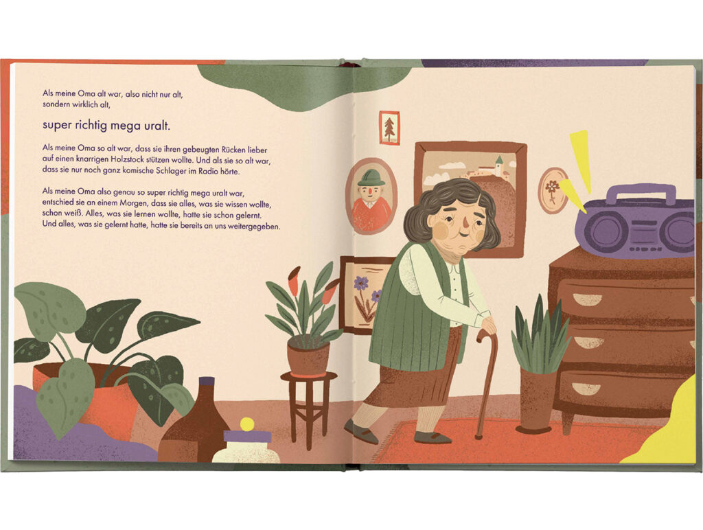Kinderbuch Doppelseite mit einer Omi die am Stock durch's Wohnzimmer geht
