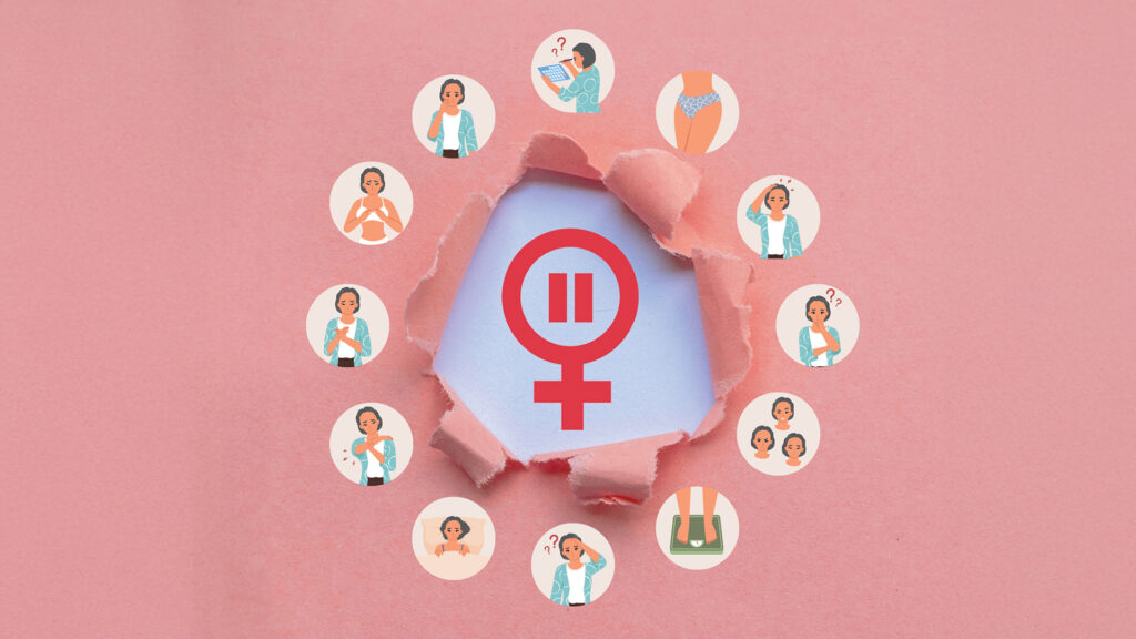 Podiumsdiskussion Menopause: Frauenspiegel mit Pause-Tasten-Zeichen in der Mitte, rundherum runde Icons die Wechselbeschwerden anzeigen