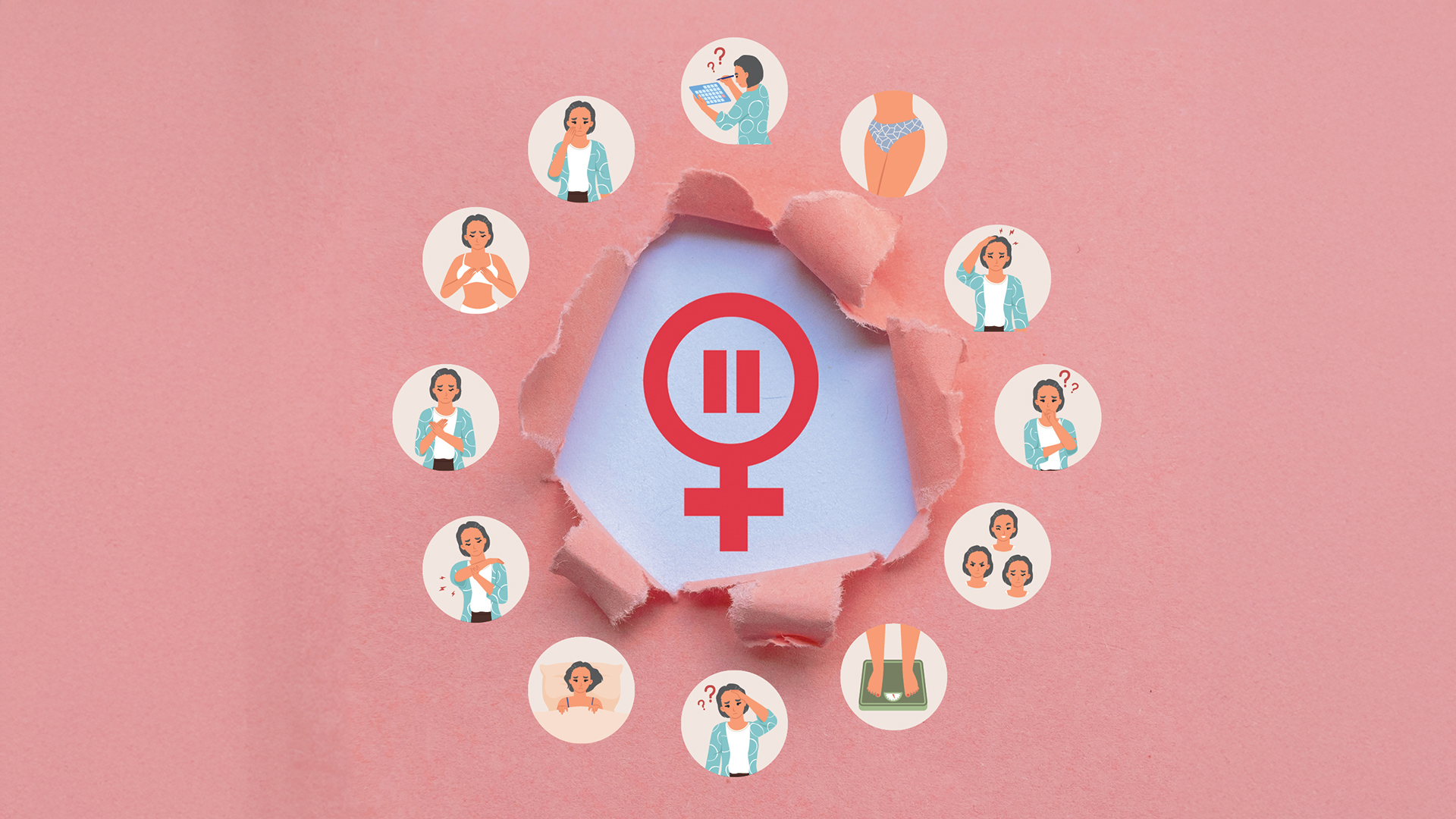 Podiumsdiskussion Menopause: Frauenspiegel mit Pause-Tasten-Zeichen in der Mitte, rundherum runde Icons die Wechselbeschwerden anzeigen