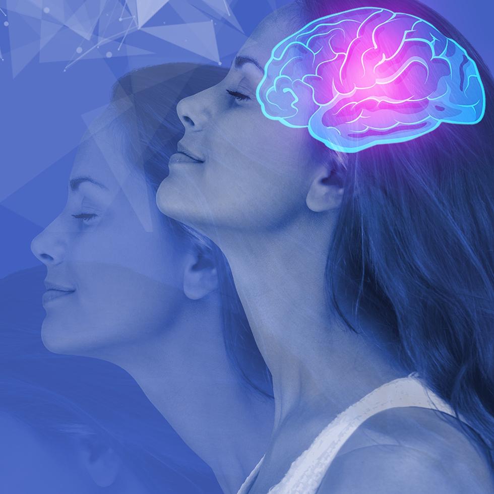 Dopamine Anchoring: Junge Frau und neonfärbiges Gehirn.