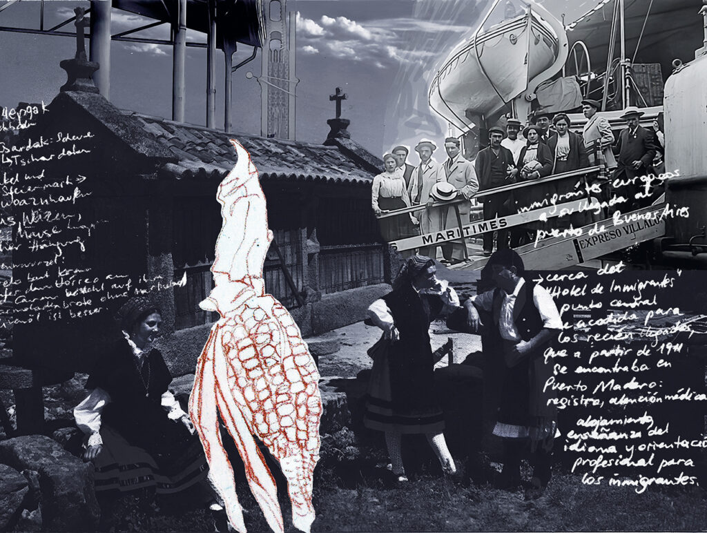 Collage aus sw-Fotos mit Menschen, alten Gebäuden und weiße Schrift darüber