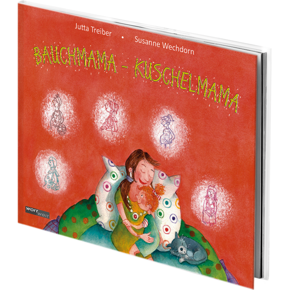 Buchcover „Bauchmama – Kuschelmama“ – Illustration einer Frau, die ein Kind liebevoll im Arm hält, daneben ein kleiner Hund; roter Hintergrund mit skizzierten Figuren.