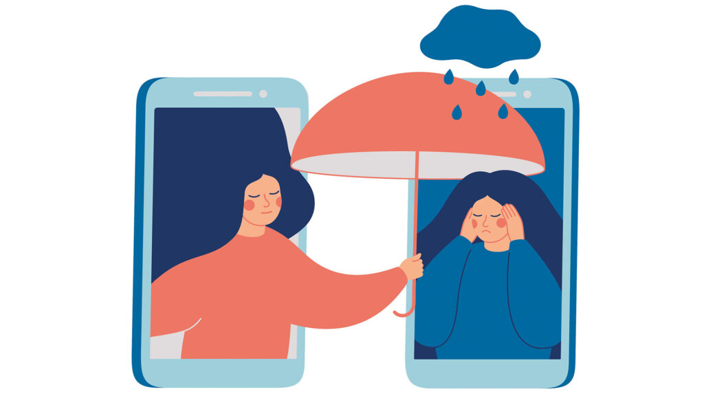 Katharina Bedenik:Illustration zweier Frauen, die über Smartphones kommunizieren – eine hält einen Regenschirm über die andere als Symbol für Unterstützung