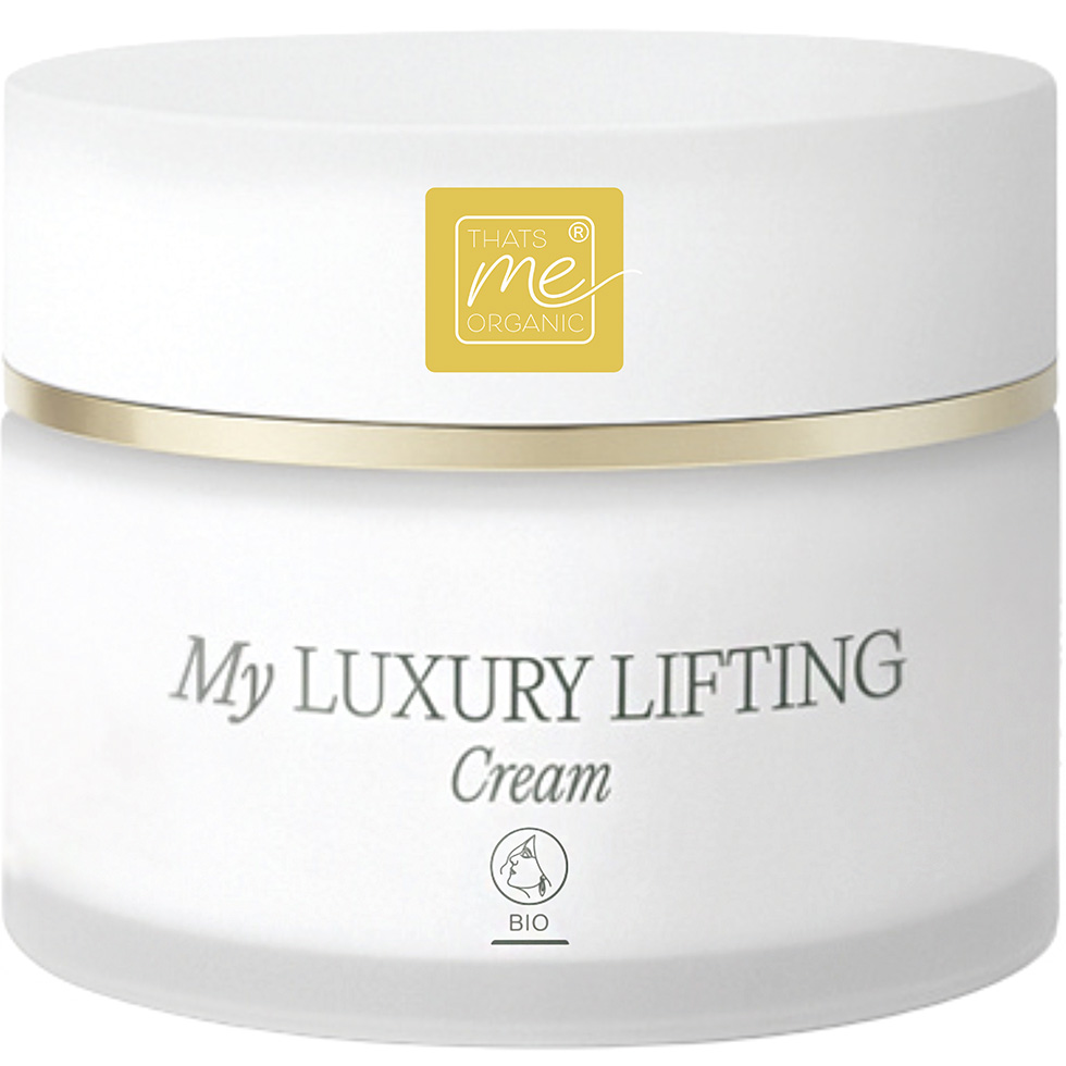 Weißer Tiegel mit "thats me organic"-Aufkleber am Deckelrand und Aufschrift "My Luxury Lifting Cream bio" an der Seite