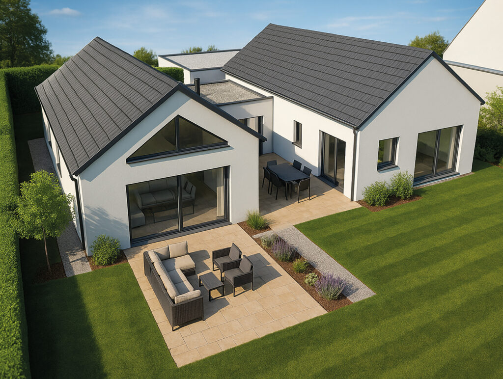 Neues Einfamilienhaus mit Satteldach, großer Terrasse und Gartenmöbeln