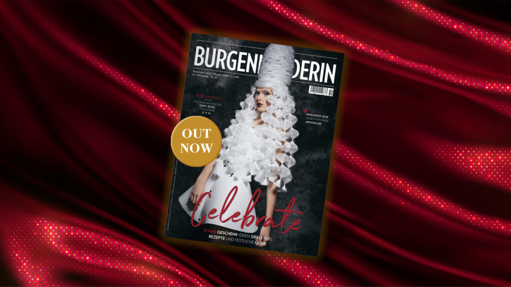 Doppelausgabe: Magazincover in rot/schwarz/und weiß auf einem roten Stoff mit goldenen Punkten