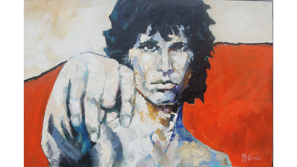 Gemälde eines Mannes mit ausgestreckter Faust vor rotem Hintergrund