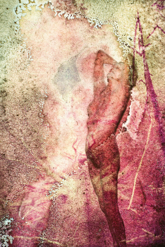 Abstrakte Darstellung einer weiblichen Figur in Rosa- und Beigetönen