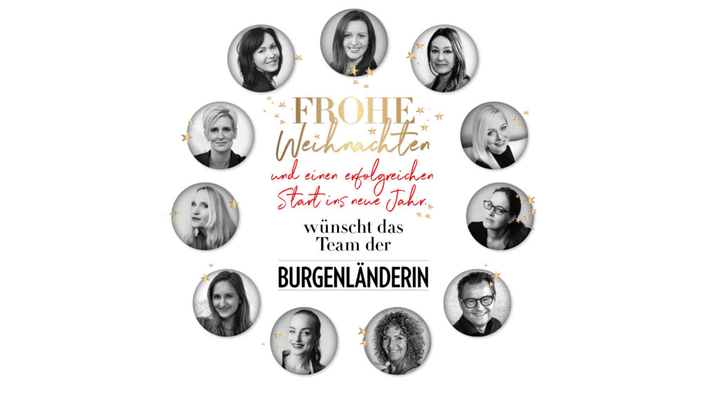 Weihnachtswünsche mit sw-Fotos von Menschen kreisförmig rundherum angeordnet