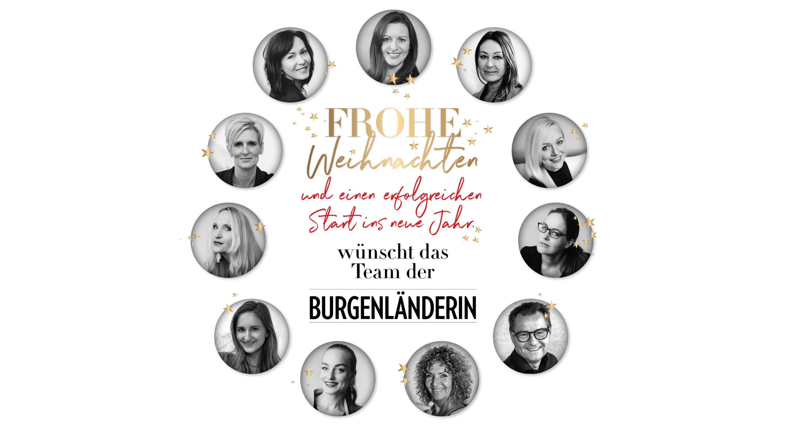 Weihnachtswünsche mit sw-Fotos von Menschen kreisförmig rundherum angeordnet