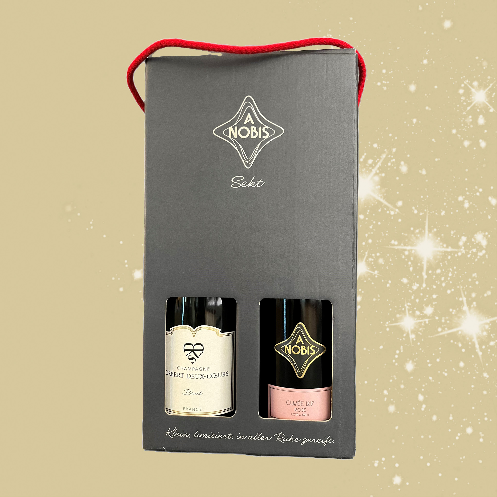 zwei Flaschen – Sekt und Champagner – in einem Geschenkkarton mit Sichtfenster