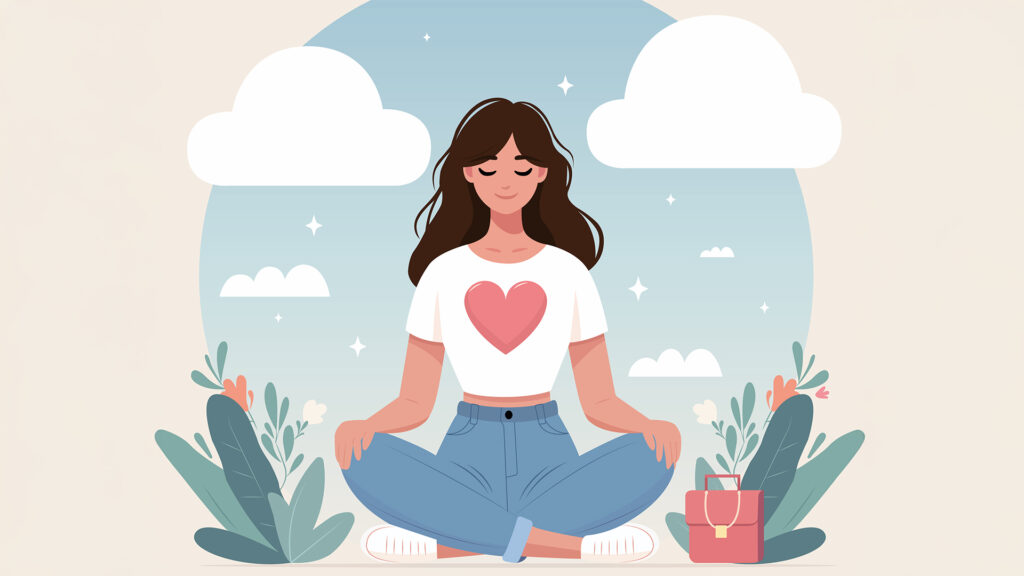 Illustration einer Frau im Lotussitz mit einem Herz am T-Shirt