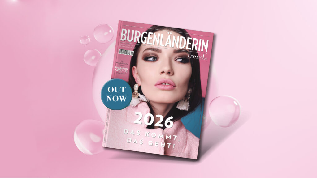 BURGENLÄNDERIN: Magazincover mit einem Portrait einer dunkelhaarigen Frau mit rosa-färbigem Lippenstift und weißen Statement-Ohrringen