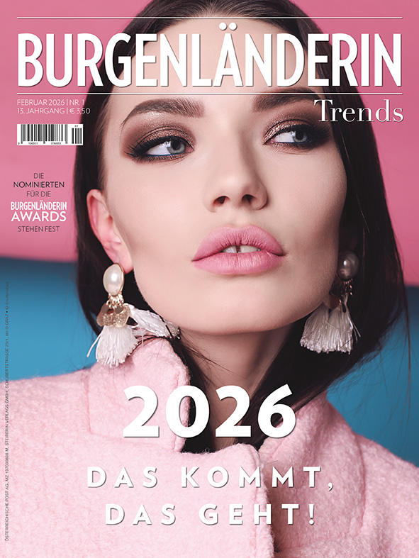 BURGENLÄNDERIN: Magazincover mit einem Portrait einer dunkelhaarigen Frau mit rosa-färbigem Lippenstift und weißen Statement-Ohrringen