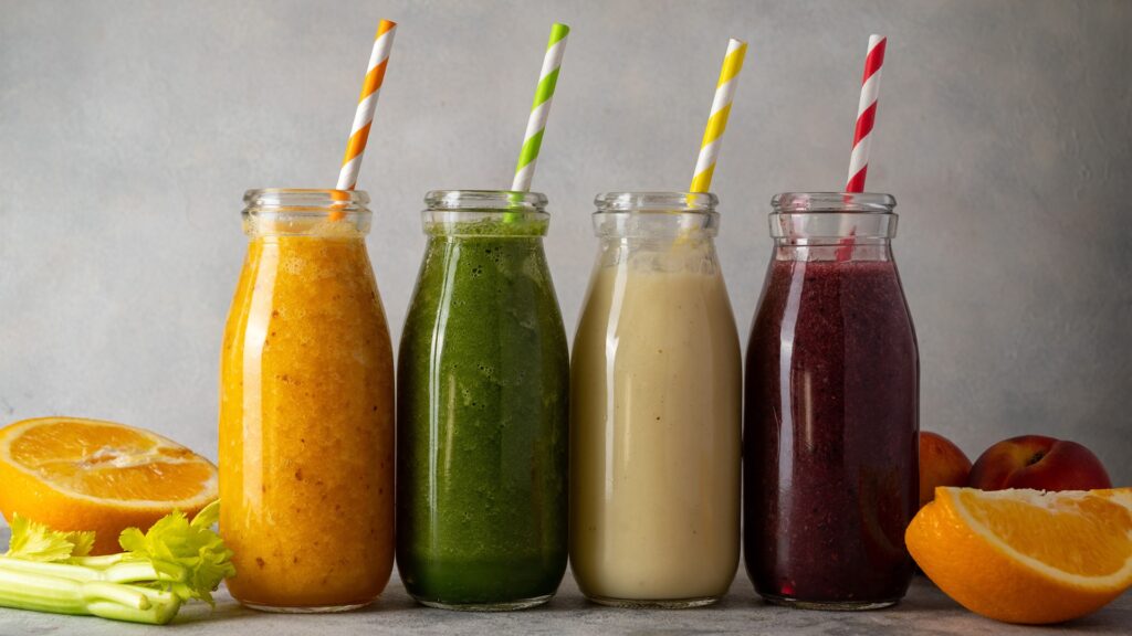 4 bunte Saftflaschen nebeneinander