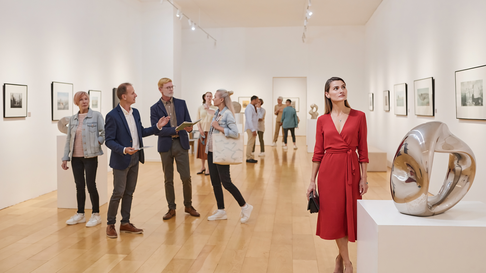 Kulturtipps: Besucher:innen betrachten Skulptur in heller Kunstgalerie