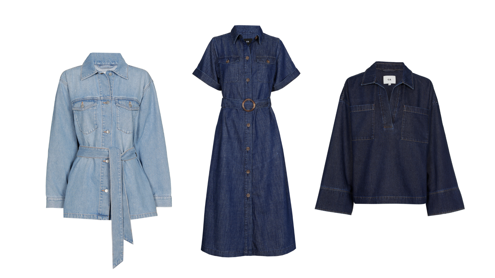 Neu bei C&A: Jeansjacke mit Gürtel, Denim-Kleid mit Knopfleiste und Denim-Shirt