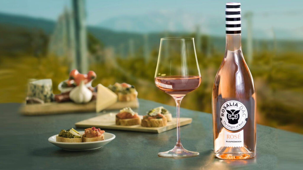 Events Österreich: Roséwein in Glas und Flasche mit regionalen Spezialitäten im Hintergrund – Weinverkostung in Österreich.