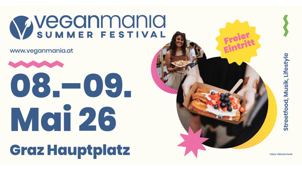 Events Österreich: Plakat zum Veganmania Summer Festival 2026 in Graz mit Datum, Ort und Streetfood-Motiven.