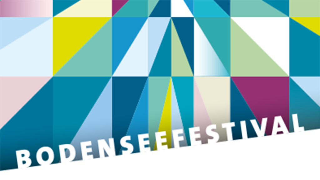 Events Österreich: Plakat „Bodenseefestival“ mit geometrischem Muster in Blau- und Grüntönen – Kulturfestival am Bodensee.