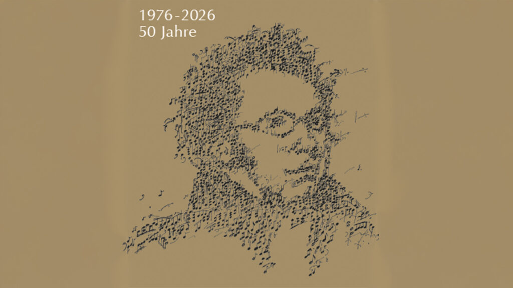 Events Österreich: Grafik zum Jubiläum „1976–2026, 50 Jahre“ mit Porträt aus Notenzeichen – musikalisches Kulturereignis.
