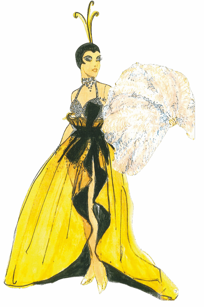 Ein Käfig voller Narren: Kostümentwurf einer glamourösen Revuefigur mit Federn, Glitzer und opulentem Bühnenlook.