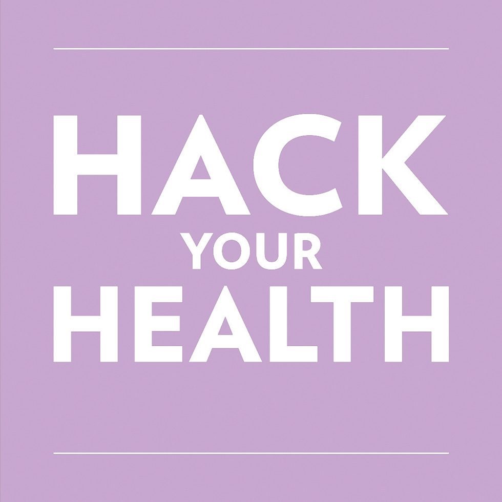 Hack your Health: Grafik mit weißer Schrift „HACK YOUR HEALTH“ auf violettem Hintergrund.