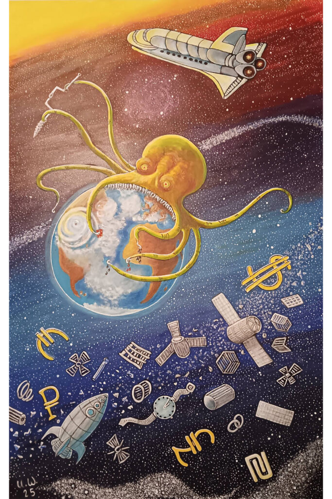 Kunst: Fantasievolles Gemälde zeigt einen riesigen Oktopus im Weltraum, der die Erde und Satelliten umschlingt.