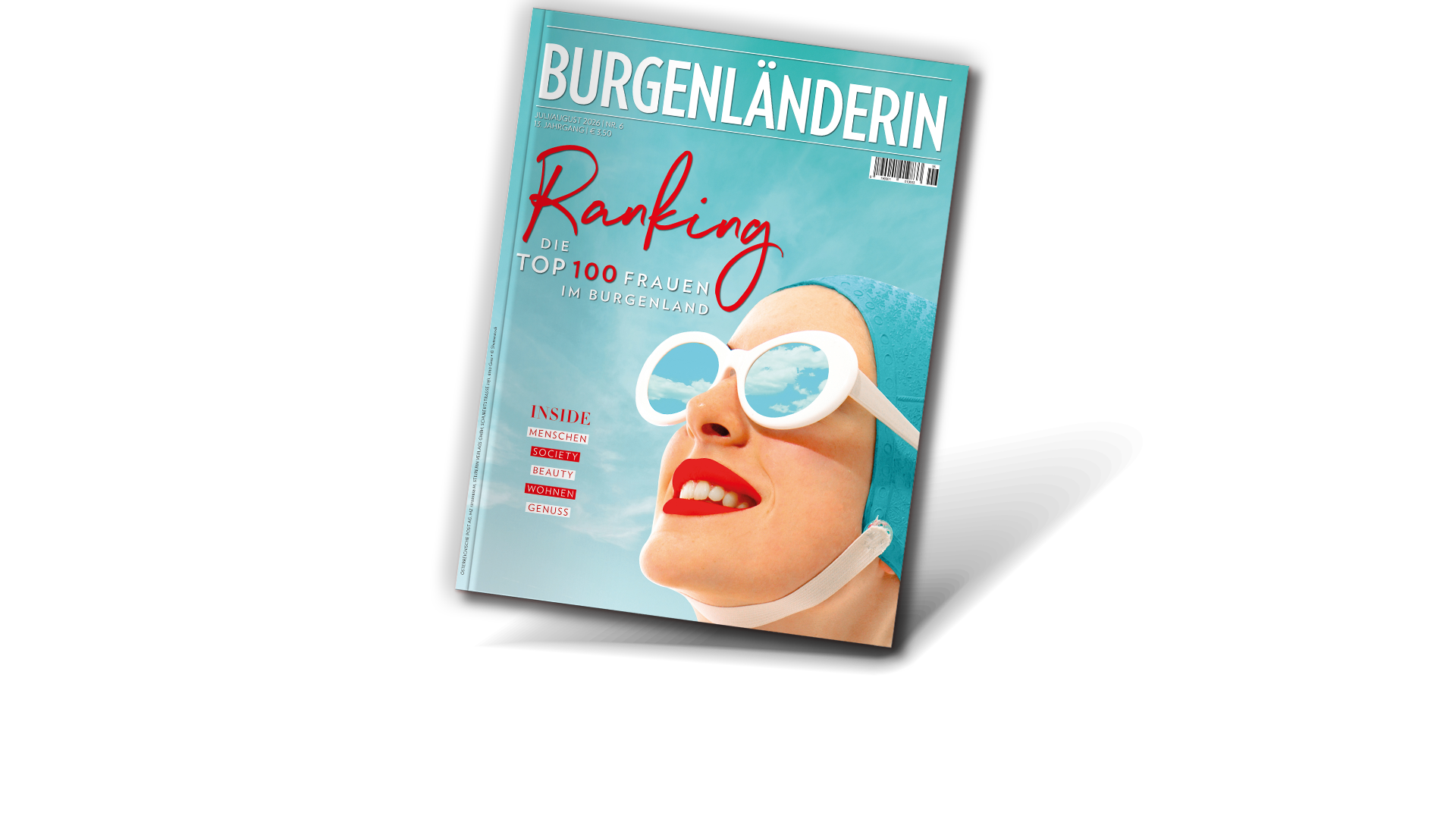 Sommerausgabe: Magazincover der BURGENLÄNDERIN: FRauenkopf mit türkiser Badehaube und weisser Sonnenbrille mit türkisen Gläsern und rotem Lippenstift