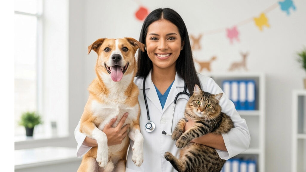 Tierärztin mit Hund und Katze in der Praxis – der tierärztliche Notdienst ist bei medizinischen Notfällen für Haustiere im Einsatz.
