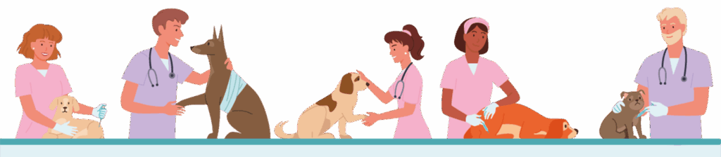 Illustration zum tierärztlichen Notdienst mit Tierärztinnen und Tierärzten bei der Behandlung von Hunden und Katzen in einer Tierklinik.