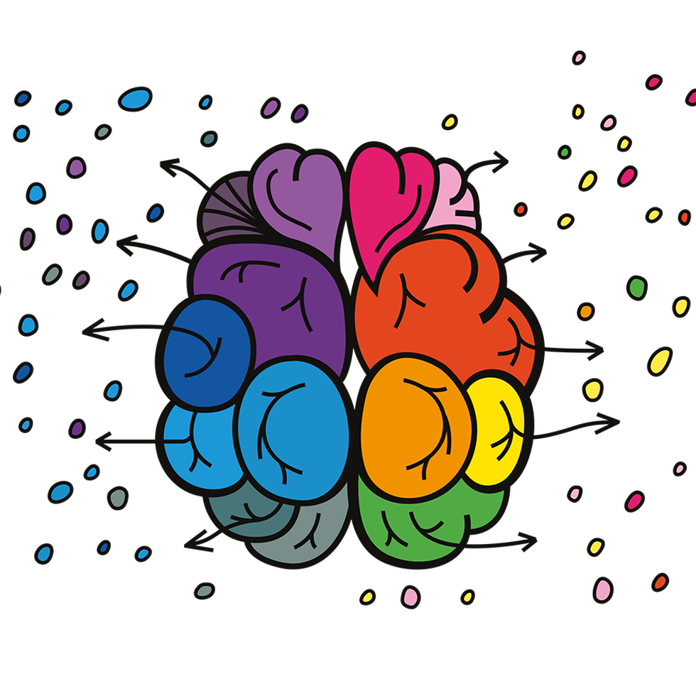 Bunte Illustration eines Gehirns als Symbol für ADHS, Neurodiversität und unterschiedliche Denkweisen.