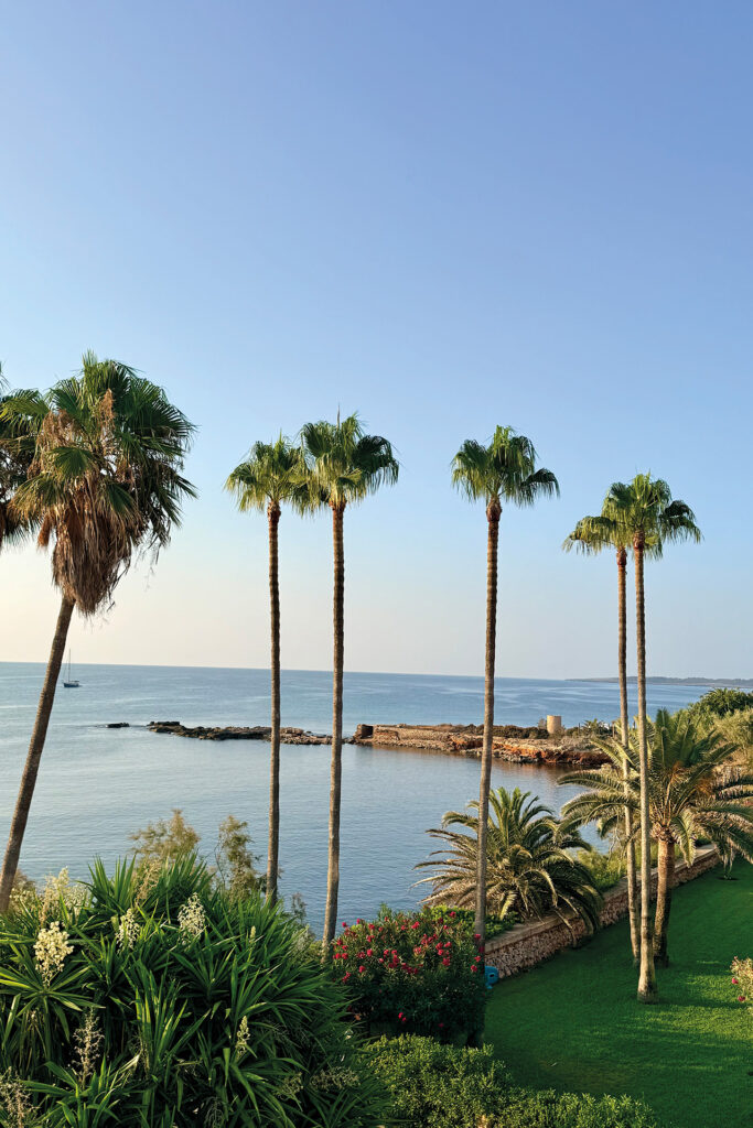 Mallorca mit Palmen, mediterranem Garten und Blick auf das Meer.