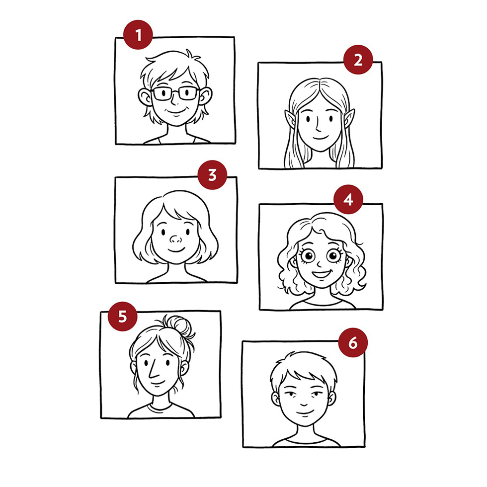 Face-Reading: Illustration verschiedener Gesichtsformen und Gesichtszüge zur Analyse von Persönlichkeit und Charakter.