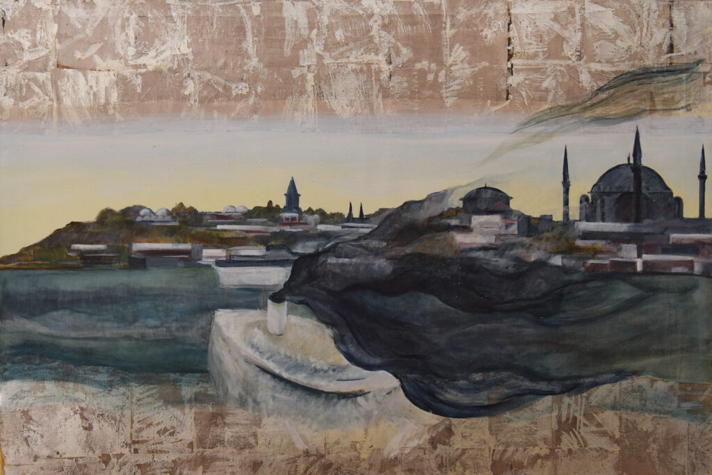 Oktober: Künstlerische Darstellung einer Küstenstadt mit Moschee