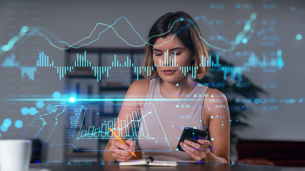 Anlegerin prüft Finanzdaten und Kursentwicklungen am Smartphone für ihre langfristige Geldanlage.