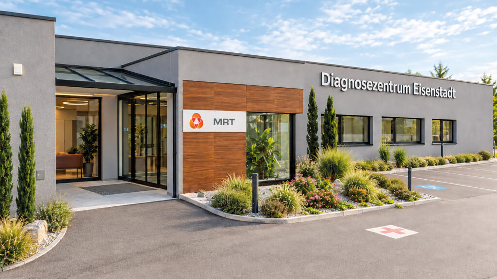 Außenansicht des modernen Diagnosezentrums Eisenstadt mit MRT und radiologischer Diagnostik bei Dr. Kluger.